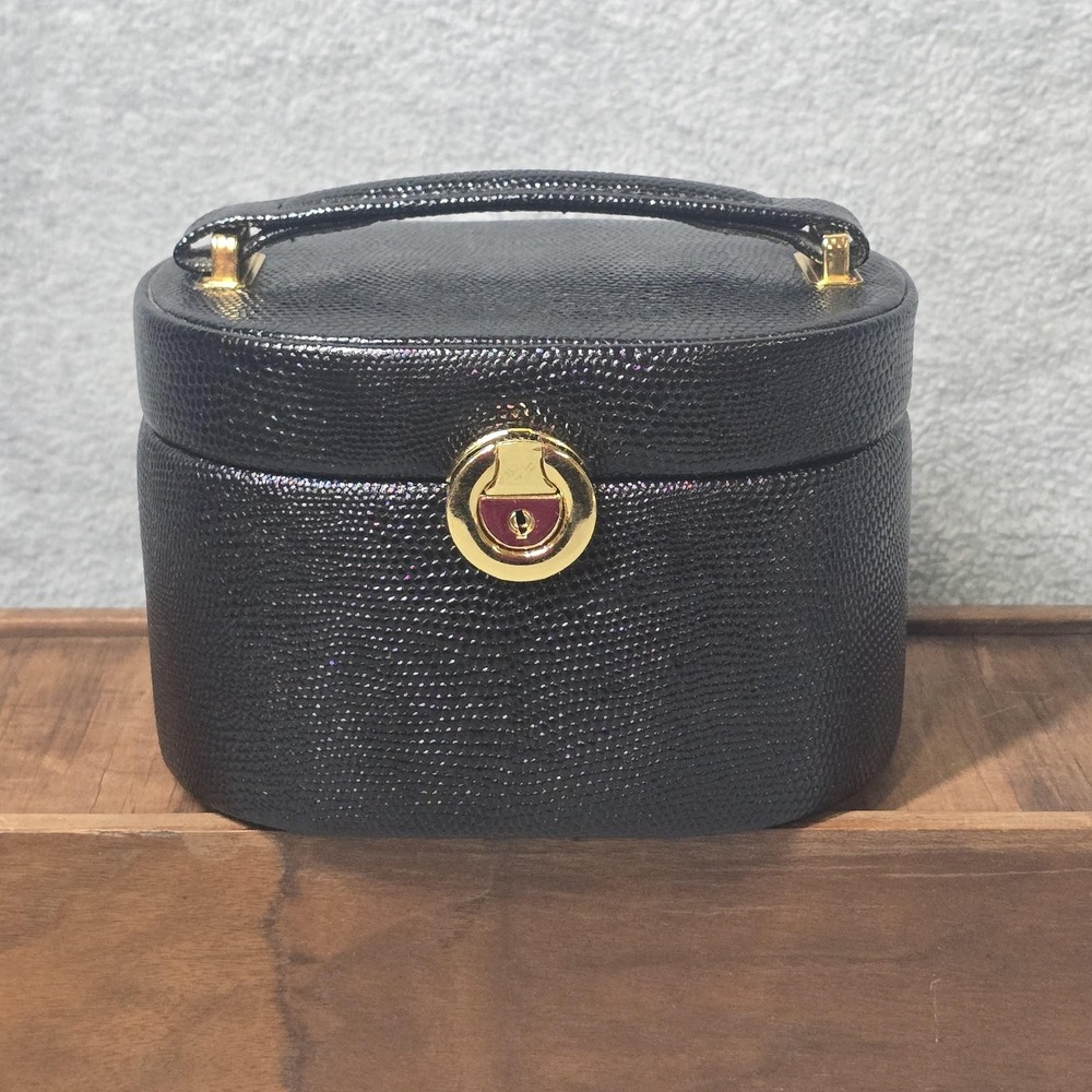 Vintage Black Lizard Embossed Jewelry Travel Train Case Mirror Gold Hardware